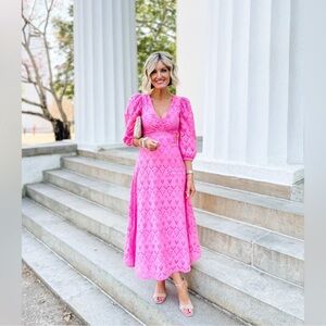 Eyelet Embroidered Cutout Bracelet Sleeve Midi Dress in Pink Wildflower